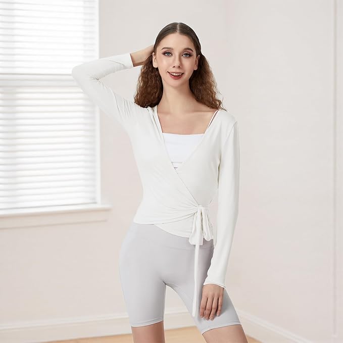Women Ballet Wrap Top Long Sleeve Self Tie Dance Shirt Pilates Yoga Tops Y2k Workout Active Blouses