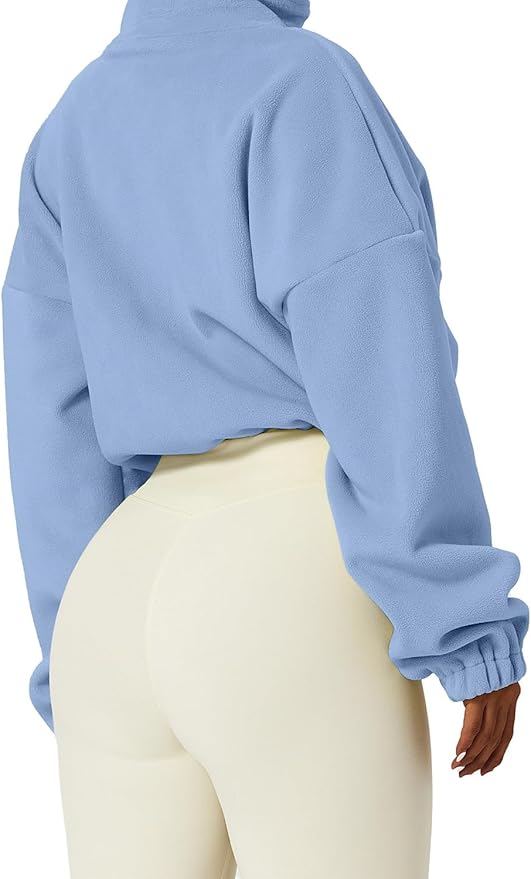 QINSEN Women's Full Zip Fleece Short Jacket Warm Winter Long Sleeve Stand Collar Sherpa Crop Coat