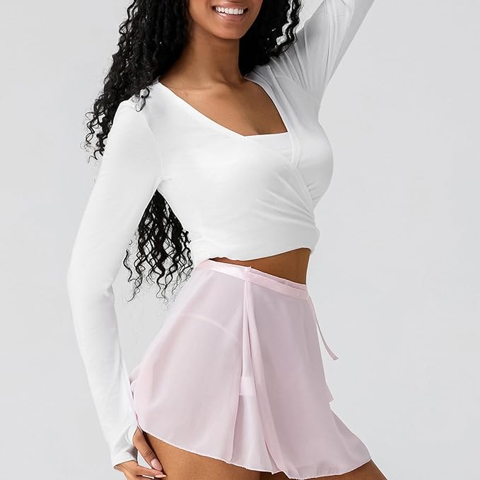 Women Wrap Top Thumb Hole Long Sleeve Self Tie Workout Shirt Pilates Ballet Yoga Tops