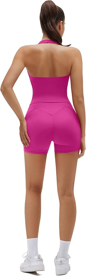 SUUKSESS Women 2 Piece Workout Sets Halter Neck Padded Yoga Tank Tops High Waisted Biker Shorts with Pockets