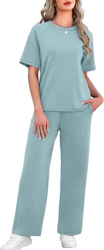 WIHOLL 2 Piece Sets for Women Resort Wear Travel Vacation Outfits Summer Short Sleeve Lounge Sets