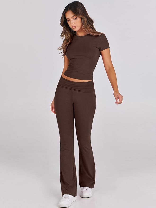 ANRABESS Lounge Sets for Women 2 Piece Foldover Yoga Flare Leggings Pants Crop Tops Casual Y2K Outfits Matching Tracksuit Set