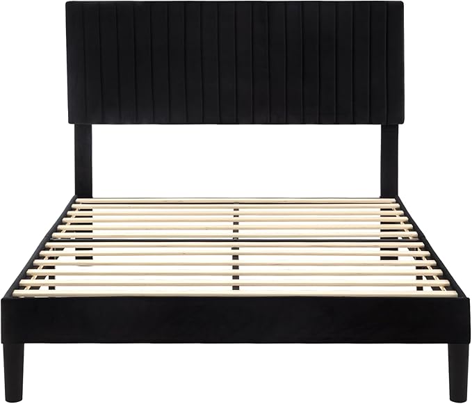 Allewie Queen Bed Frame, Velvet Upholstered Platform Bed with Vertical Channel Tufted Headboard, Mattress Foundation with Strong Wooden Slats, Box Spring Optional, Easy Assembly, Black