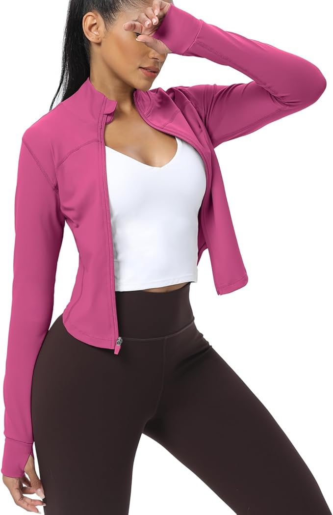 AVGO Women's Cropped Running Workout Jackets Zip Slim Fit Athletic Tops with Thumb Holes