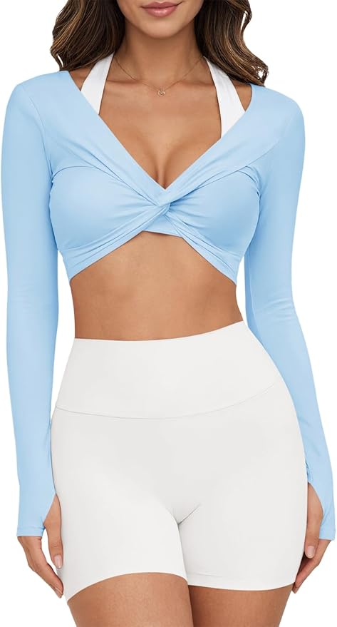 Yousify Womens Long Sleeve Workout Crop Tops Twist Deep V Neck Y2k Yoga Pilates Ballet T Shirt Top with Thumb Holes