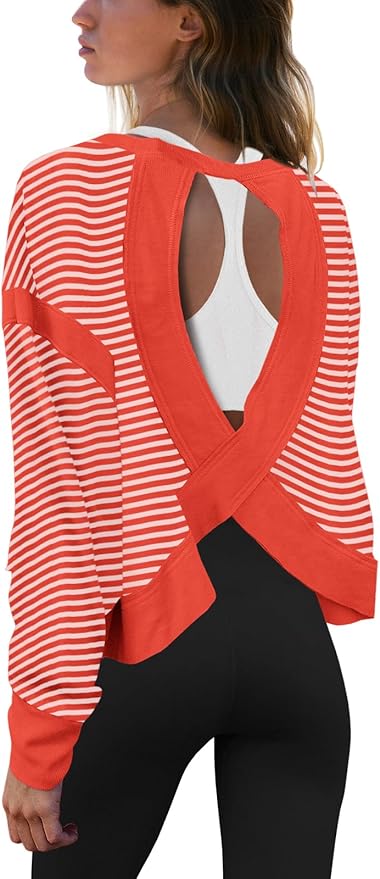 Panadila Womens Open Back Workout Top Long Sleeve Athletic Shirts Casual Crop Running Tee Y2k Yoga