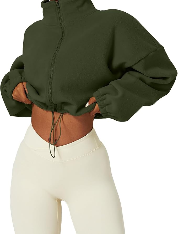 QINSEN Women's Full Zip Fleece Short Jacket Warm Winter Long Sleeve Stand Collar Sherpa Crop Coat