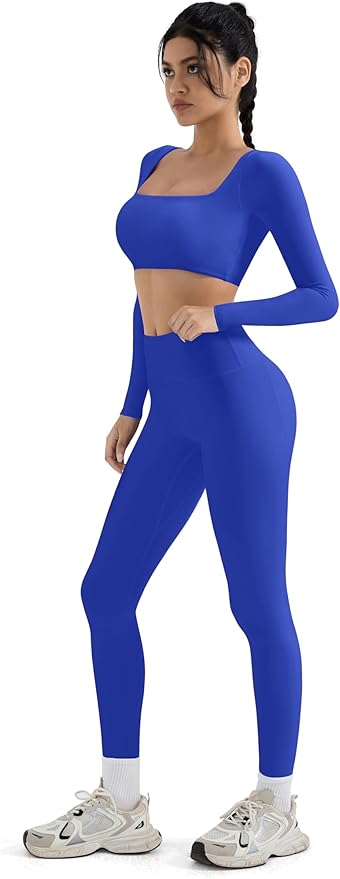 SUUKSESS Women 2 Piece Workout Sets Compression Tummy Control Leggings with Pockets Long Sleeve Square Neck Padded Crop Tops