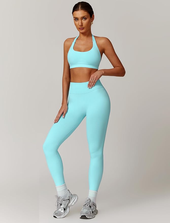 ABOCIW Workout Sets for Women Seamless Scunch Butt Lifting Impact Leggings Halter Sports Bra 2 Piece Gym Outfits