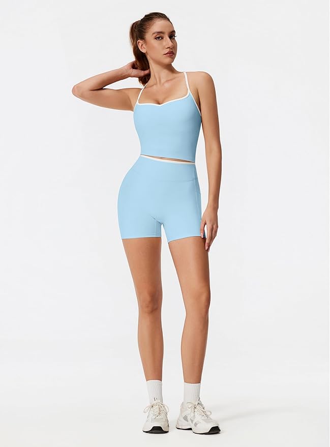 RXRXCOCO Color Block Workout Sets for Women 2 Piece Padded Strappy Tank Tops Hidden Scrunch Booty Shorts with Pockets