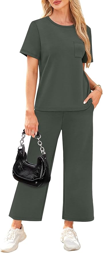 WIHOLL 2 Piece Sets for Women Casual Summer Travel Vacation Outfits Short Sleeve Wide Leg Crop Pants Lounge Sets