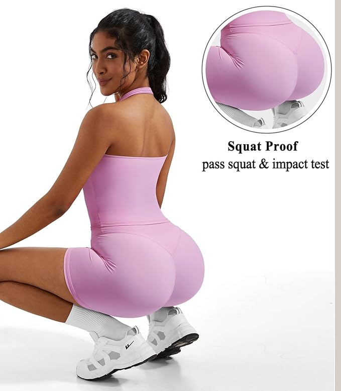 OMKAGI 2 Piece Workout Sets for Women Halter Sports Bra Tank Gym Biker Shorts Outfits