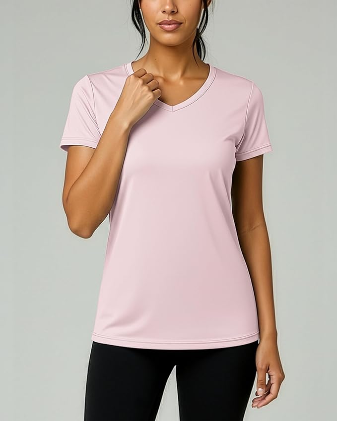 Real Essentials 5 Pack: Women's Dry-Fit Short Sleeve V Neck T Shirt Workout Fitness Yoga Top Tee (Available in Plus Size)