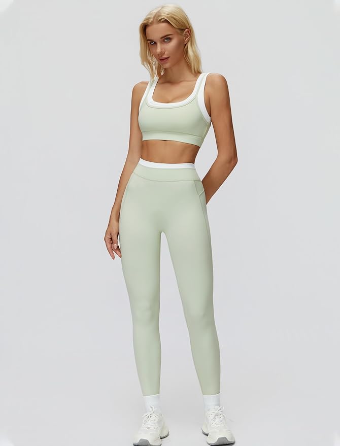 Women 2 Piece Workout U Back Color Block Sports Bra High Waist Active Leggings Yoga Pilates Outfits