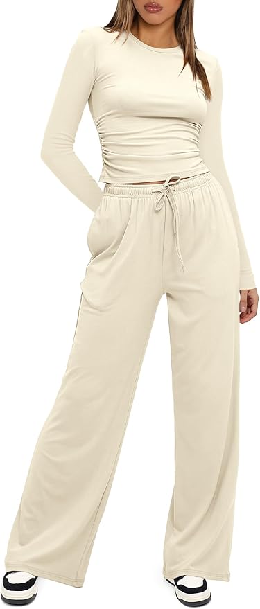 Darong Women's 2 Piece Outfits Lounge Sets 2026 Long Sleeve Tops Wide Leg Pants Casual Matching Set