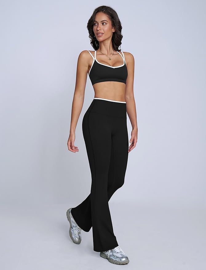 ABOCIW Workout Sets for Women 2 Piece Color Block Strappy Sports Bra High Waist Flare Leggings Gym Yoga Pilates Outfits