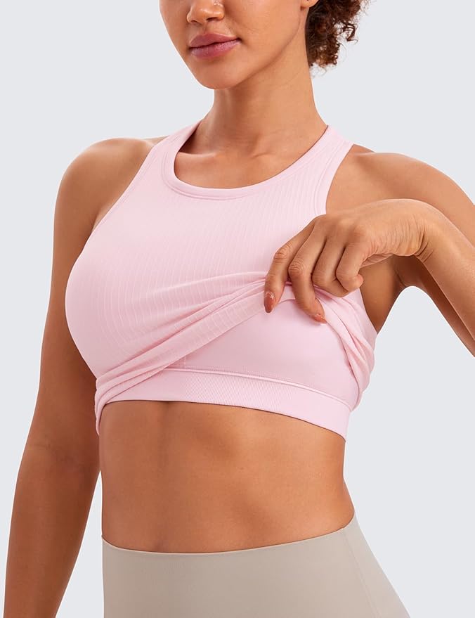 CRZ YOGA Seamless Ribbed High Neck Crop Tank Tops for Women - Longline Racerback Padded Sports Bras