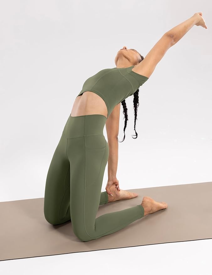 ENERBLOOM Workout Leggings with Pockets for Women High Waist Yoga Pants 25"/28" Cream Soft Lightweight Athletic Gym Tights