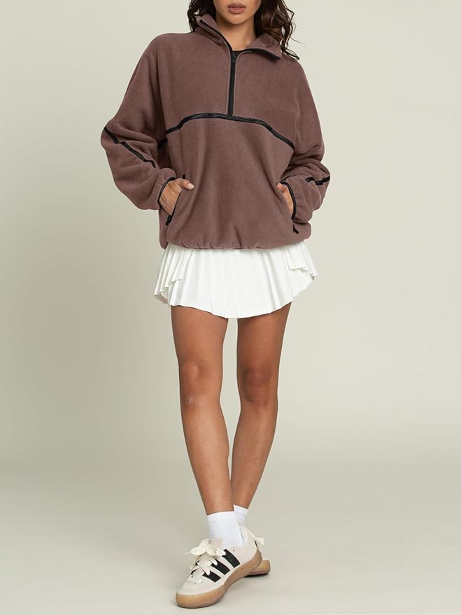 LASLULU Womens Half Zip Pullover Sweatshirt Sherpa Fleece Jacket Oversized Sweatshirts Warm Fuzzy Sweaters Pockets