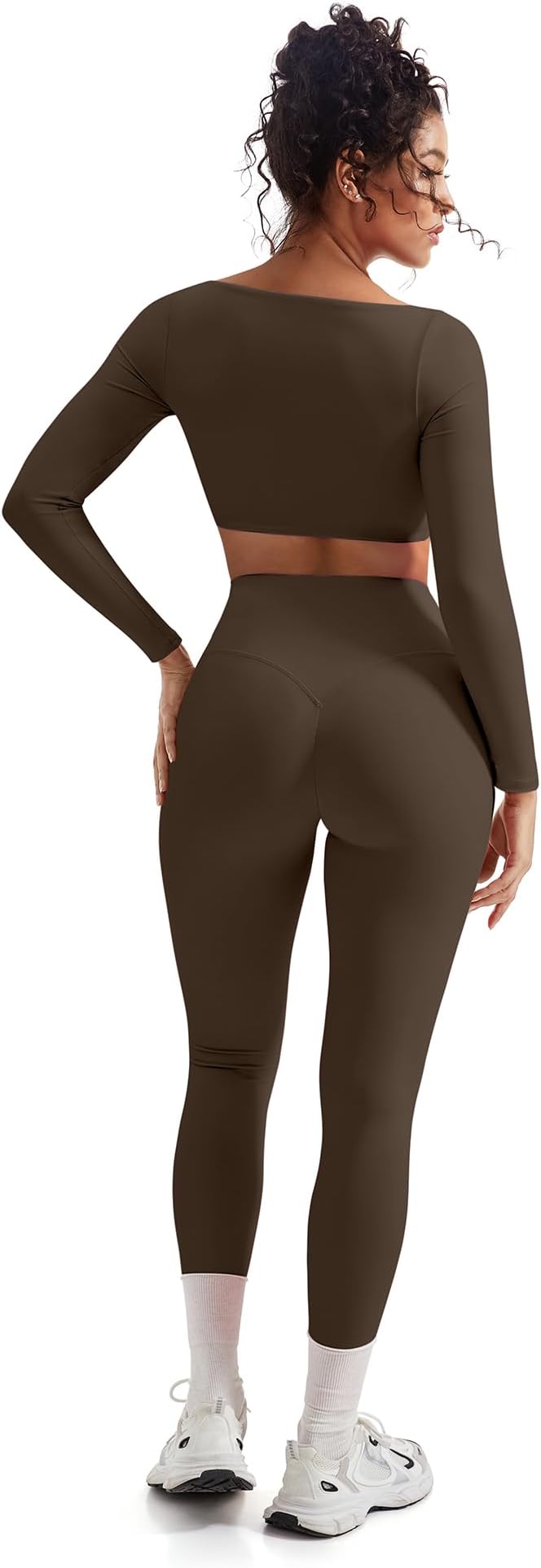SUUKSESS Women 2 Piece Workout Sets Compression Tummy Control Leggings with Pockets Long Sleeve Square Neck Padded Crop Tops