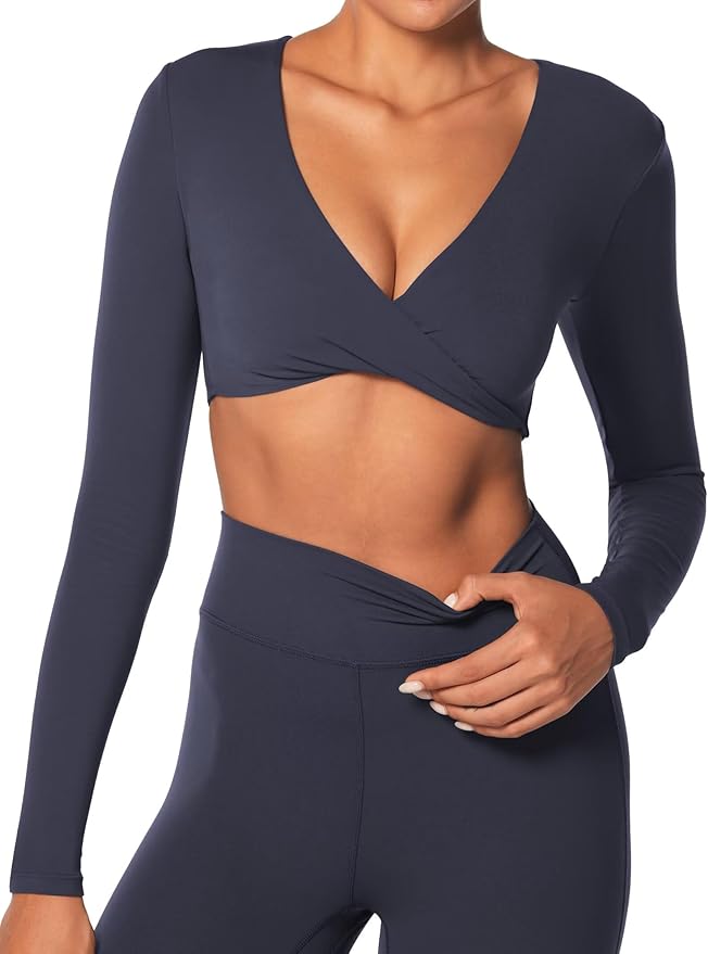 Sunzel Long Sleeve Workout Tops for Women Buttery Soft Deep V Twist Cropped Tops with Compression for Yoga Pilates Gym Outfit
