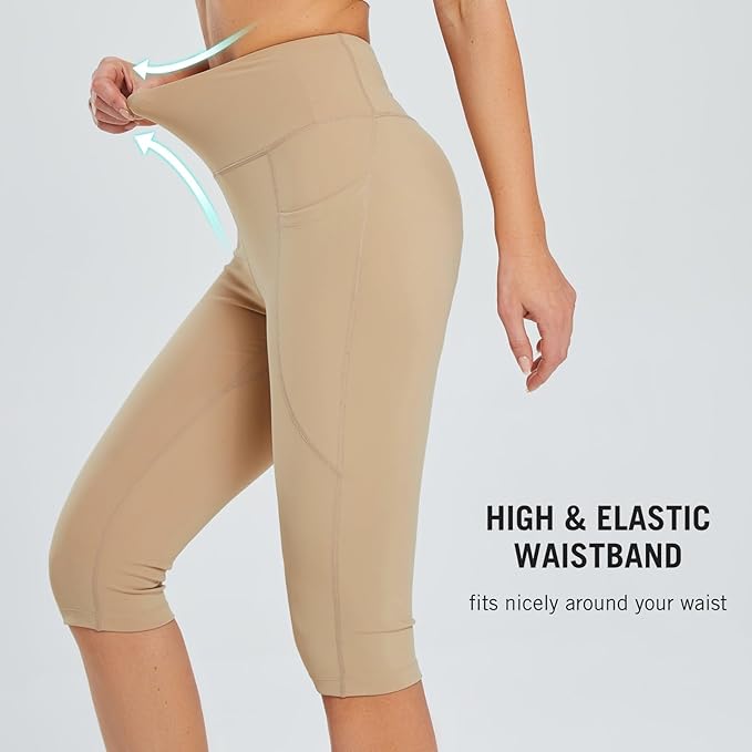 baleaf Women's Capri Leggings with Pockets High Waisted Knee Length Capris Stretch for Casual Yoga Pants Workout Exercise
