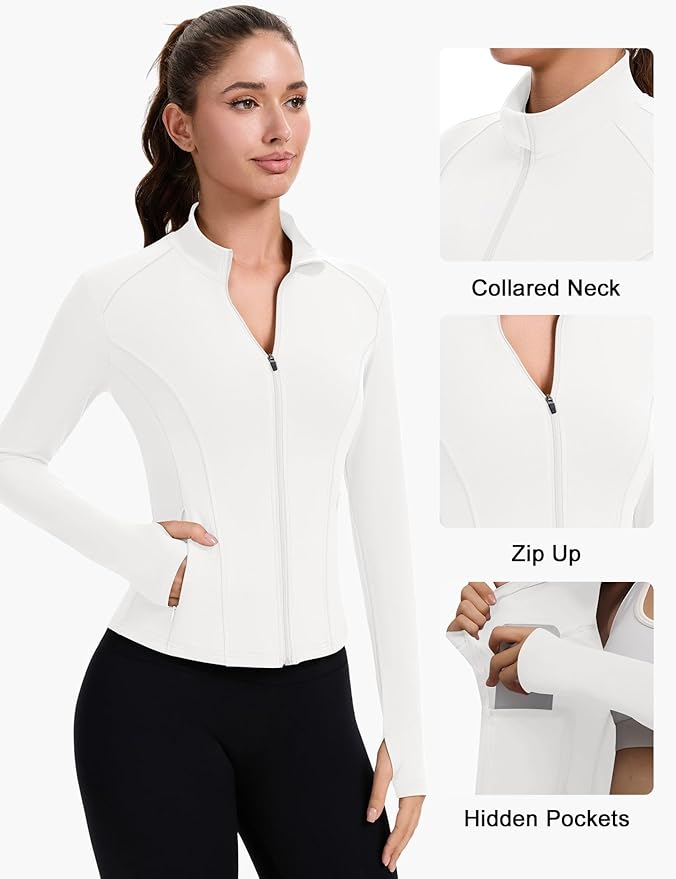 ZHENWEI Workout Jackets for Women Full Zip Up Cropped Athletic Long Sleeve Lightweight Slim Fit Running Tops with Pockets
