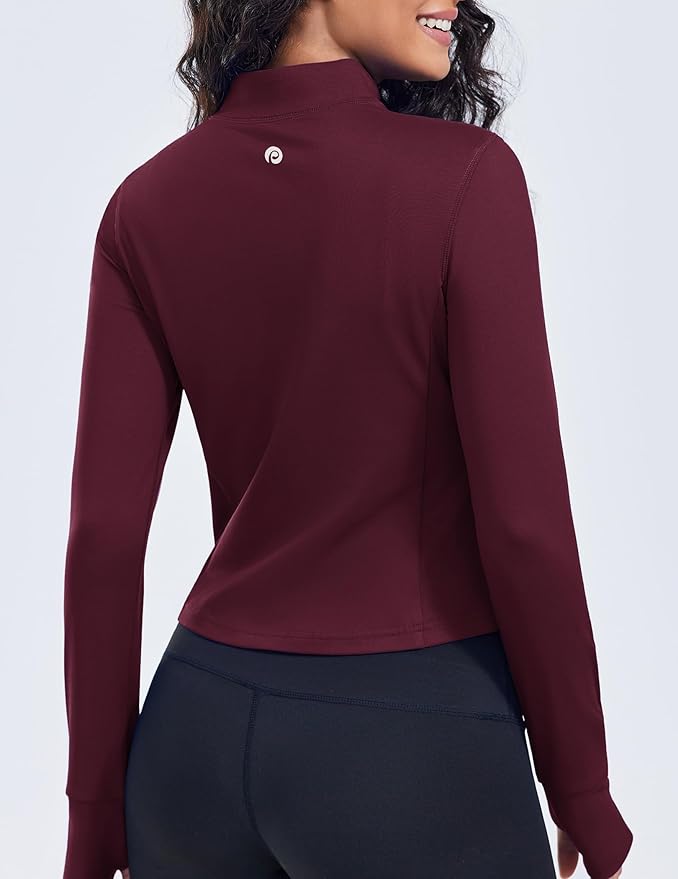 PINSPARK Women Cropped Workout Jackets Full Zip Slim Fit Athletic Jackets Thumb Holes Running Jacket with Zipper Pockets