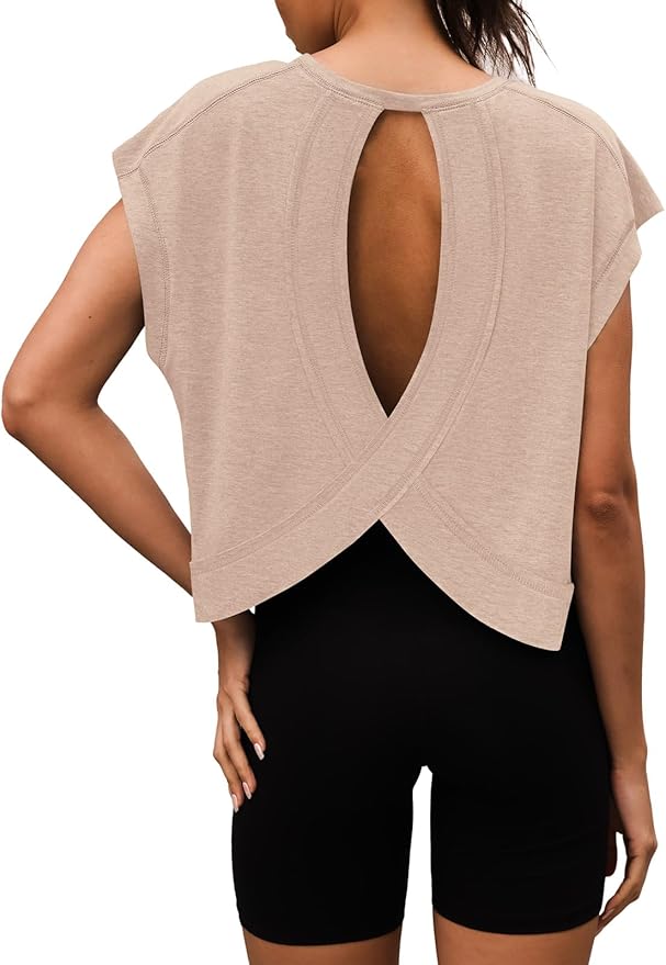 Women Open Back Workout Shirts Short Sleeve Tops Casual Yoga Y2k Athletic Gym Running Crop Tees