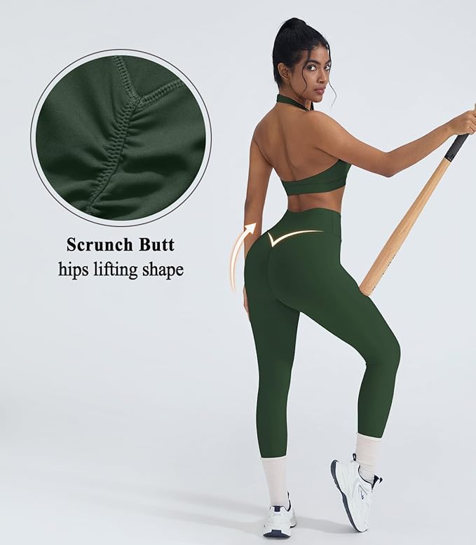 OMKAGI 2 Piece Workout Sets for Women Halter Sports Bras Gym Sets Booty Leggings Outfits