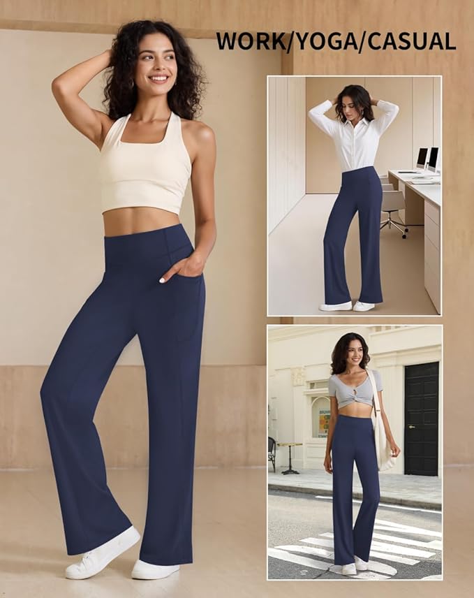 Womens High Waist Yoga Pants Stretchy Casual Trousers Straight Leg Pull On Side Pockets