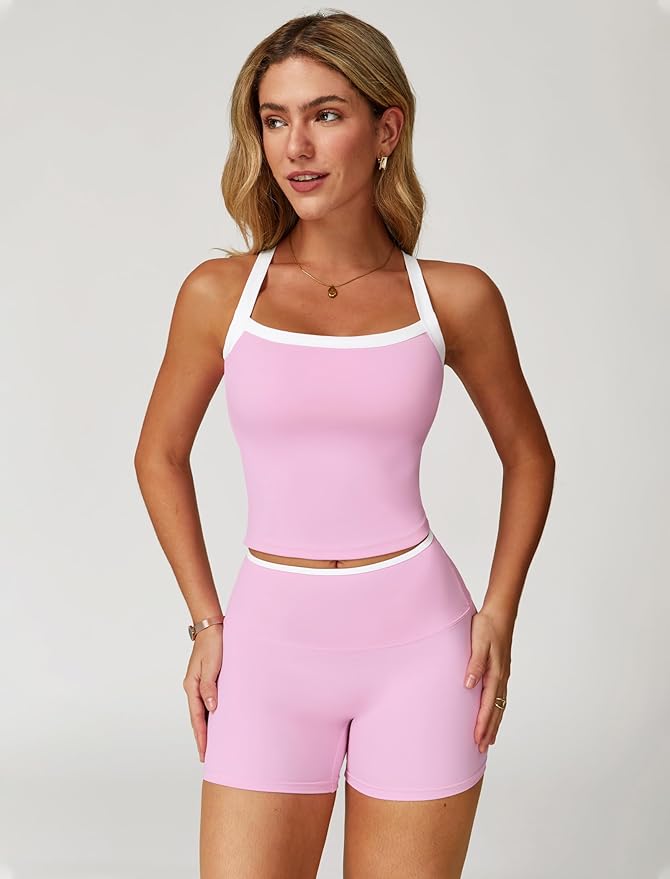 Women 2 Piece Workout Sets Padded Criss Cross Back Crop Tank High Waist Tummy Control Shorts Yoga Outfits