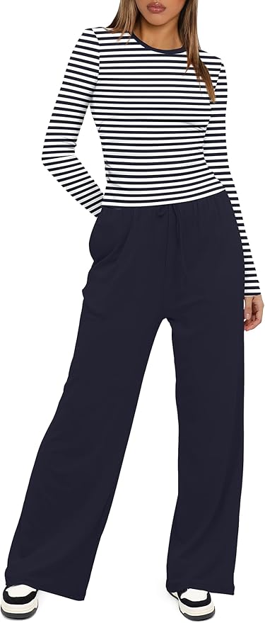 Darong Women's 2 Piece Outfits Lounge Sets 2026 Long Sleeve Tops Wide Leg Pants Casual Matching Set