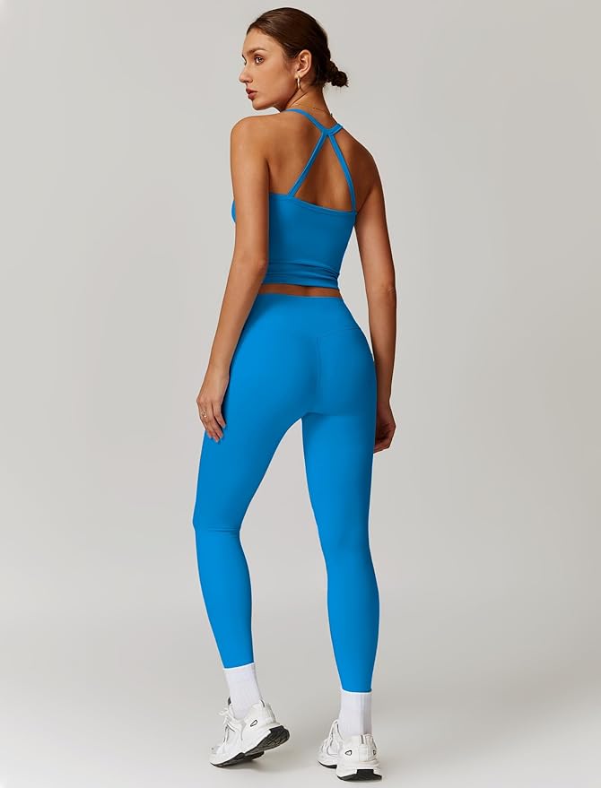 QBGJTD Womens Workout Sets Two Piece Cross Back Tank Top Matching High Waist Leggings Sets Gym Outfits Work Out Clothes