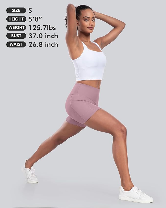 CHRLEISURE Womens Biker Yoga Shorts with Pocket, High Waisted Tummy Control 5 Inch Workout Spandex Athletic Gym Shorts