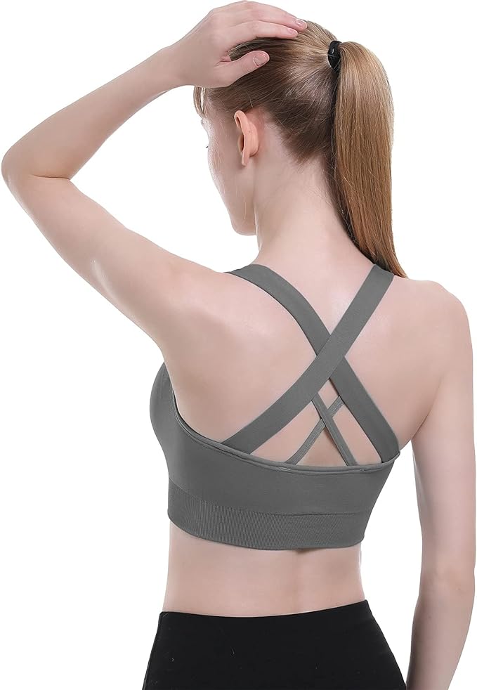 Double Couple Sports Bras for Women Padded High Impact Seamless Criss Cross Back Workout Tops Gym Activewear Bra Large