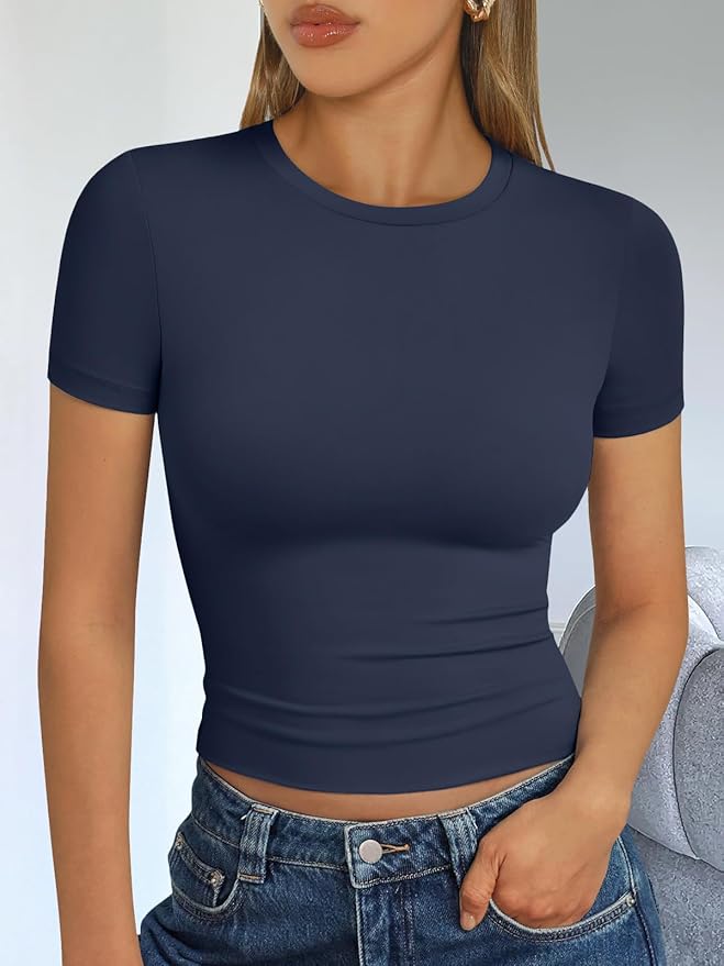 Trendy Queen Womens Short Sleeve T Shirts - Buttery Soft Summer Crop Tops Slim Fit Y2k Basic Tees for Workout