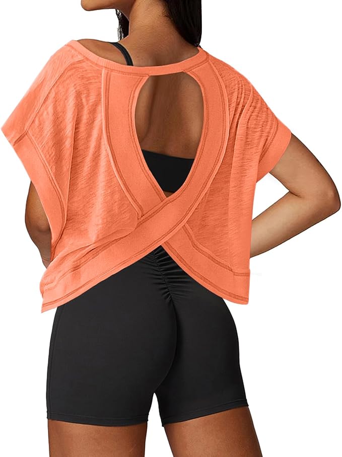 UNIANKIYA Open Back Workout Tops for Women Loose Fit Athletic Crop Tee Short Sleeve Gym Running Yoga Shirt