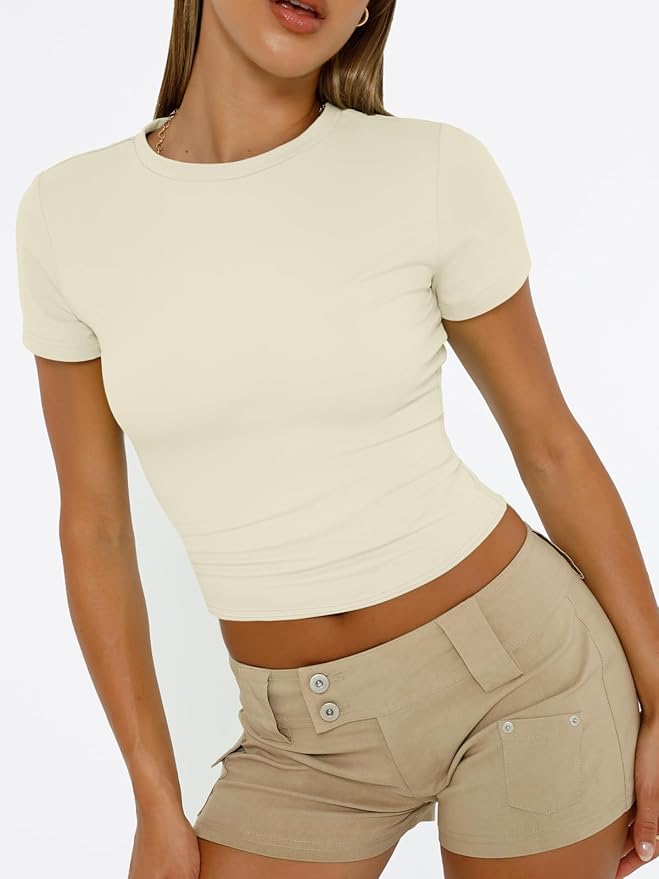 Trendy Queen Womens Short Sleeve T Shirts - Buttery Soft Summer Crop Tops Slim Fit Y2k Basic Tees for Workout