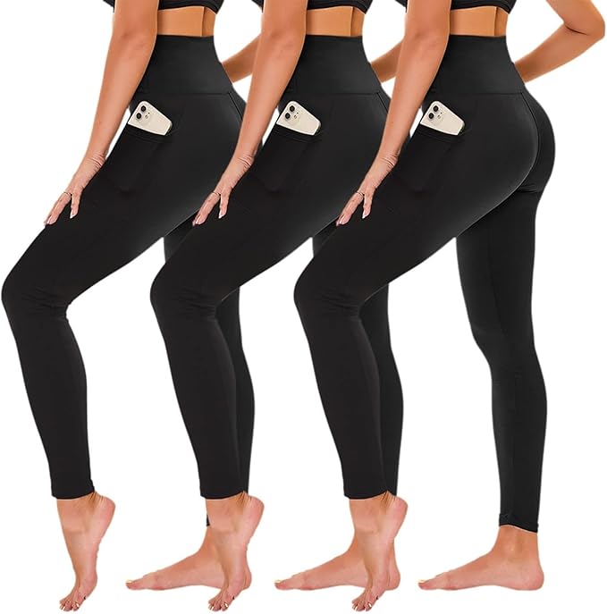 TNNZEET 3 Pack Leggings for Women - Black Tummy Control High Waisted Soft Yoga Pants for Workout Gym Running with Pockets