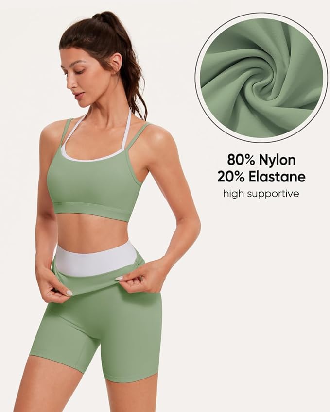 OMKAGI Workout Sets for Women Cute Doubel Layer Open Back Sports Bras Gym Shorts Outfits