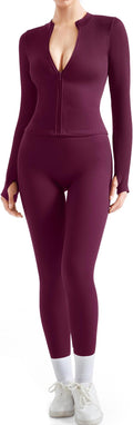 SUUKSESS Women 2 Piece Seamless Ribbed Workout Sets With Zip Up Jacket High Waisted Gym Yoga Leggings
