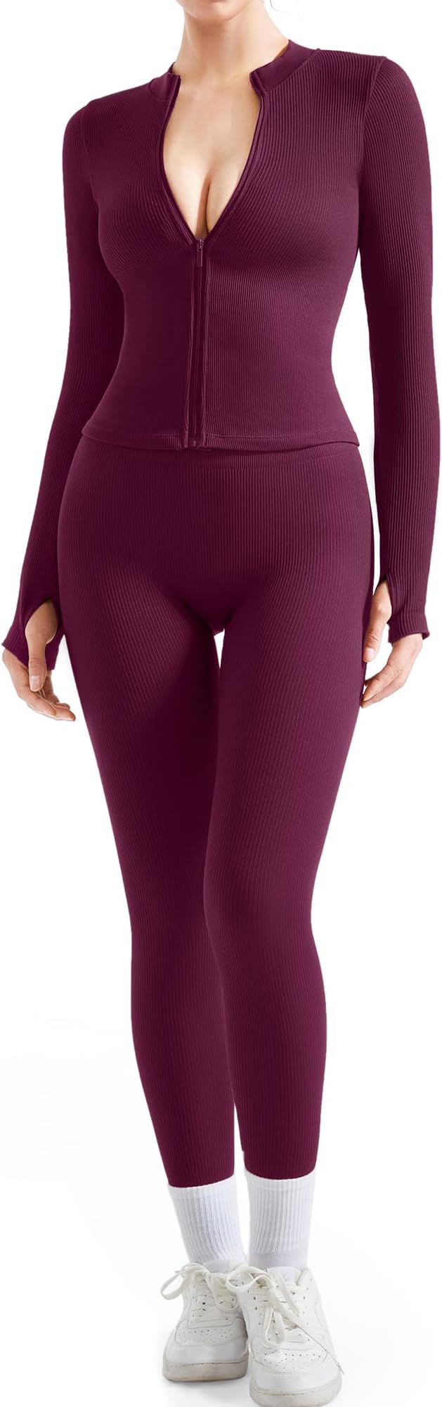 SUUKSESS Women 2 Piece Seamless Ribbed Workout Sets With Zip Up Jacket High Waisted Gym Yoga Leggings