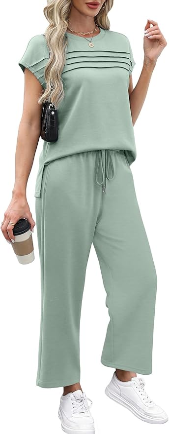 WIHOLL Two Piece Sets for Women Summer Spring Travel Vacation Outfits Cap Sleeve Lounge Matching Sets Wide Leg Pants S-3XL