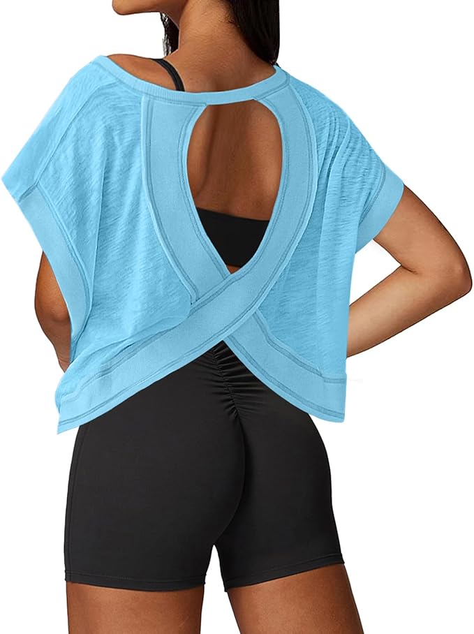UNIANKIYA Open Back Workout Tops for Women Loose Fit Athletic Crop Tee Short Sleeve Gym Running Yoga Shirt