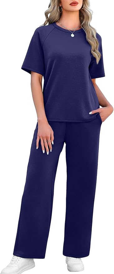 WIHOLL 2 Piece Sets for Women Resort Wear Travel Vacation Outfits Summer Short Sleeve Lounge Sets