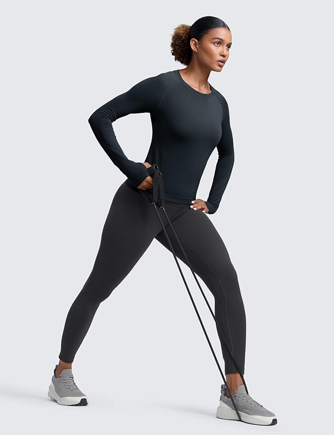 CRZ YOGA Seamless Long Sleeve Shirts for Women Waist Length - Workout Athletic Running Gym Yoga Tops Crewneck Breathable