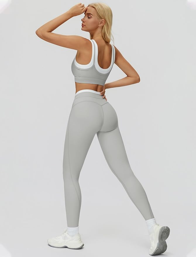Women 2 Piece Workout U Back Color Block Sports Bra High Waist Active Leggings Yoga Pilates Outfits
