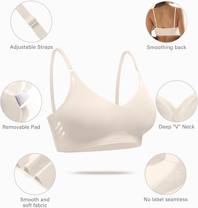 DEANGELMON V Neck Bra Padded Seamless Adjustable Straps Bralettes Everyday Basic Sleeping Bras Multiple Pack