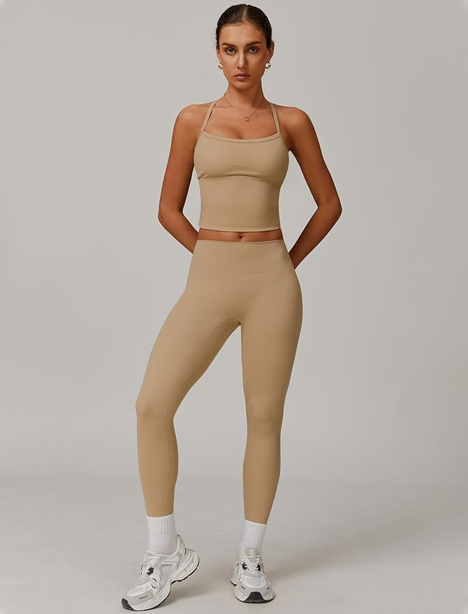 QBGJTD Womens Workout Sets Two Piece Cross Back Tank Top Matching High Waist Leggings Sets Gym Outfits Work Out Clothes
